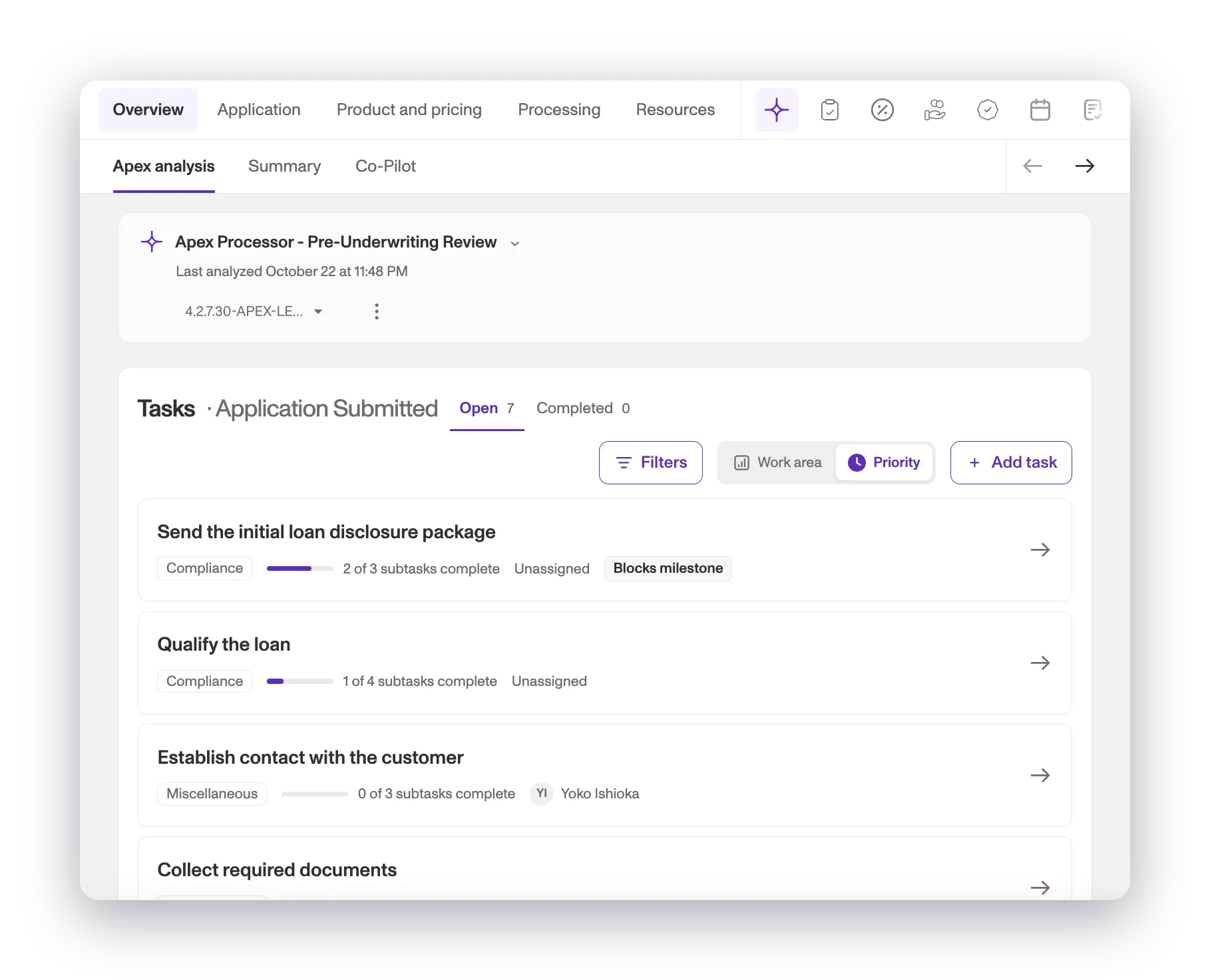 Apex list of tasks needed to close a loan, with subtask progress and assignees