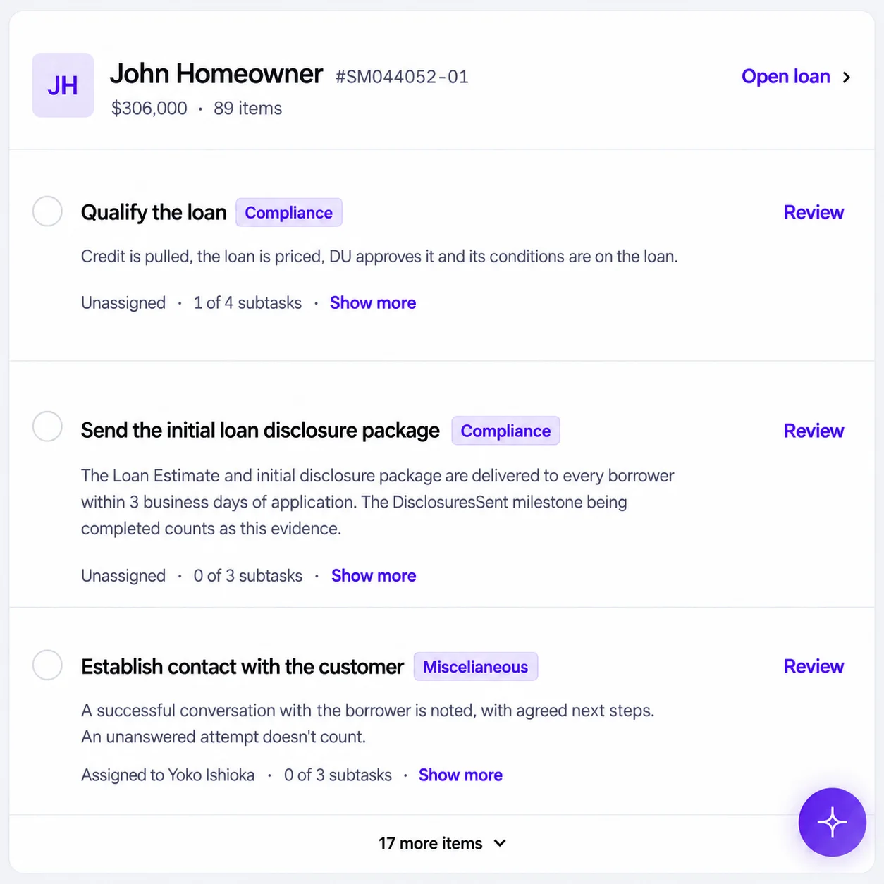 Sonar loan file with review tasks: qualify the loan, send the initial disclosure package and establish contact with the customer